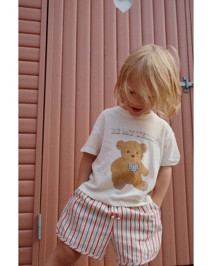 Konges Sløjd t-shirt z domieszką lnu kolor beżowy z nadrukiem