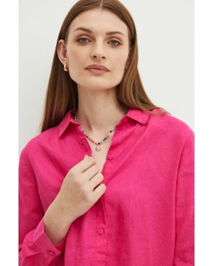 Medicine koszula lniana damska kolor różowy regular z kołnierzykiem klasycznym