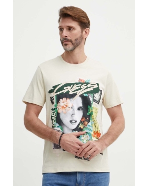 Guess t-shirt bawełniany męski kolor beżowy z aplikacją M4GI49 KBW41