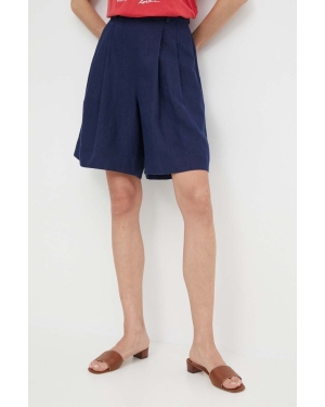 Polo Ralph Lauren szorty lniane kolor granatowy gładkie high waist 211943763