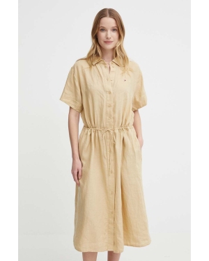Tommy Hilfiger sukienka lniana kolor beżowy midi rozkloszowana WW0WW41911
