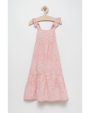 United Colors of Benetton sukienka lniana dziecięca kolor różowy midi rozkloszowana