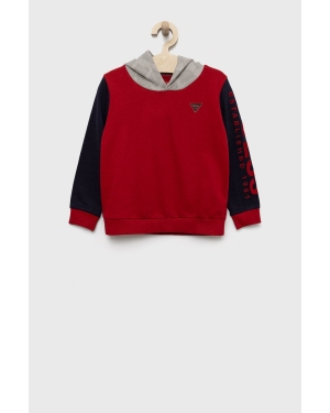 Guess bluza bawełniana dziecięca kolor czerwony z kapturem z aplikacją