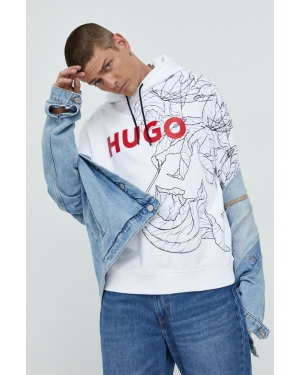 HUGO bluza bawełniana męska kolor biały z kapturem z nadrukiem