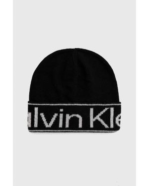Calvin Klein czapka z domieszką wełny kolor czarny z cienkiej dzianiny z domieszką wełny