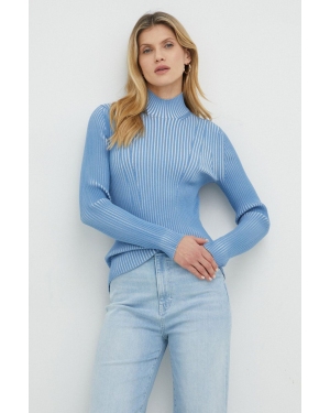 BOSS sweter damski kolor niebieski lekki z półgolfem