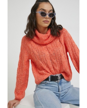 Only sweter z domieszką wełny damski kolor pomarańczowy z golfem